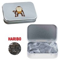 Blechdose mit Scharnier mit Haribo Lakritz Geld bedruckt mit Logo