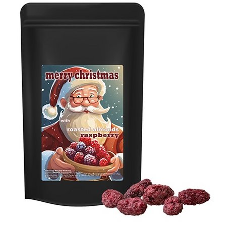 Gebrannte Mandeln Himbeere ca. 80g im Standbeutel Mini schwarz mit Logo
