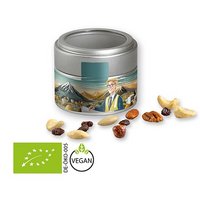 Bio Studentenfutter 60g Metalldose Mini mit Sichtfenster als Werbegeschenk