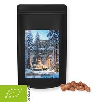 Bio Feuergebrannte Mandeln 500g in Maxi Standbeutel schwarz mit Standartmotiv und Logo