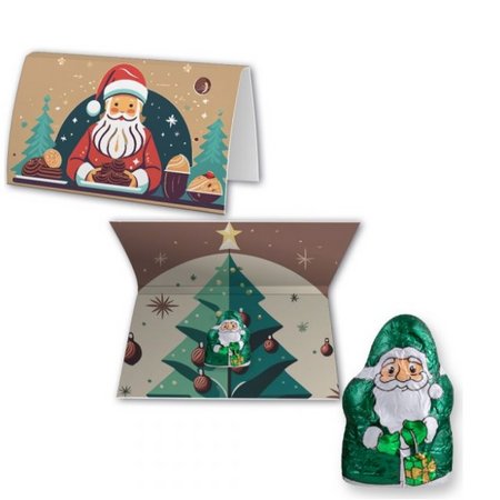 Mini Schoko-Weihnachtsmänner (vegan) ca. 7g Werbekarte A6 gefaltet mit Logo