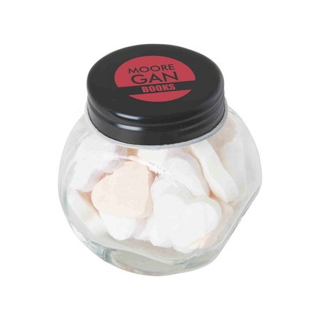 Bonbonglas mini, gefüllt mit ca. 30 gr. Herzbonbons als Werbegeschenk