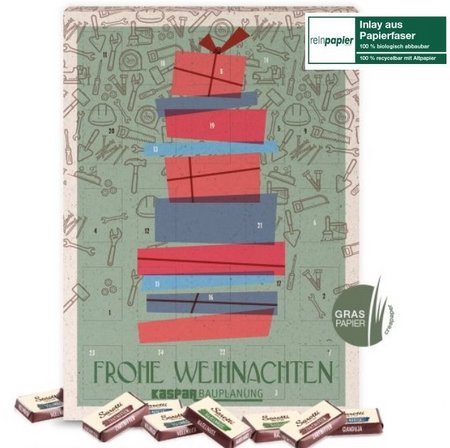 Wand-Adventskalender aus Graspapier mit Fairtrade-Kakao Organic mit eigenem Logo
