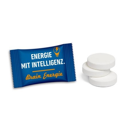 Traubenzuckertabletten im Flowpack bedruckt mit Logo