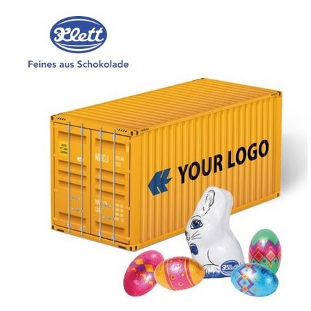 3D Präsent Container Ostern mit Klett Schokoladenmischung mit Logo