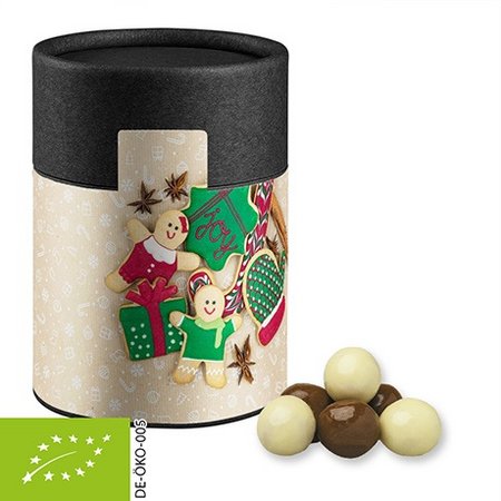 Bio Knusperkugeln-Mix ca. 50g Biologisch abbaubare Eco Pappdose Midi schwarz mit Logo