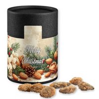 Feuergebrannte Mandeln ohne Zuckerzusatz (vegan), ca. 80g, Kraftpapierdose Midi schwarz mit Logo
