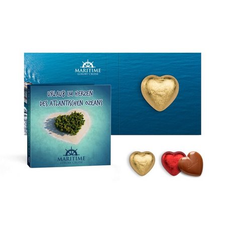 Werbekarte mit Lindt Schokoladen Herz 5g bedruckt mit Logo