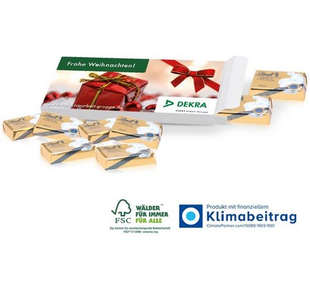 Präsentbox mit Lindt Schokotäfelchen und eigenem Logo