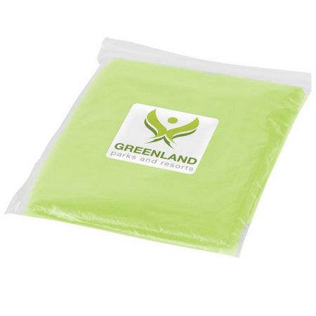 Grüner Regenponcho mit Werbung