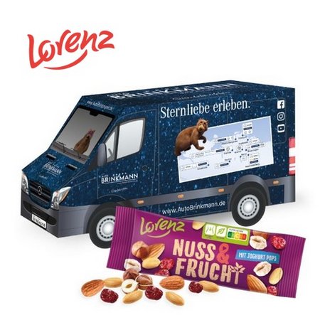 3D Präsent Transporter mit Lorenz Nuss & Frucht mit Logo
