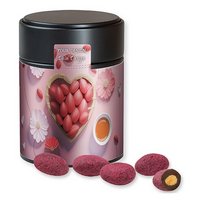 Zartbitter-Himbeer Mandeln in Metalldose Midi schwarz 100g mit Logo