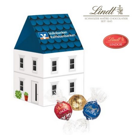 3D Präsent Haus mit Lindt Lindor Pralinés mit Logo