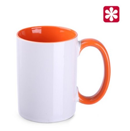 Keramikbecher Evergreen weiß_orange mit eigenem Logo bedrucken