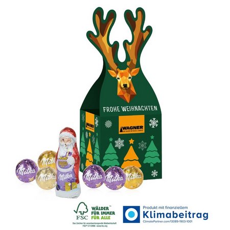 3D Präsent Rentier mit süßer Füllung Milka mit Logo