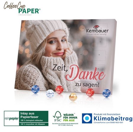 Upcycling Adventskalender Coffee-Cup mit Lindt Schokolade mit individuellem Logo