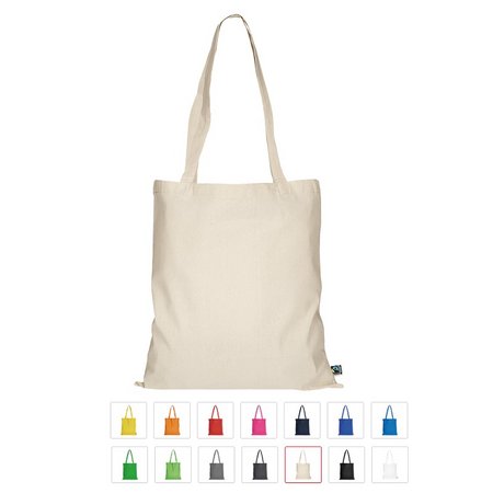 Tasche 38 x 42 cm aus Fairtrade-zertifizierter Baumwolle mit zwei langen Henkeln 70 cm mit Logo