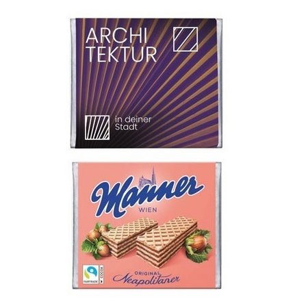 Manner Neapolitaner im Werbeschuber mit Logo