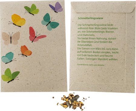 Samentütchen Graspapier 8,2x11,4 cm, Schmetterlingswiese mit Logo