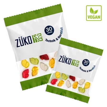 Vegane Fruchtgummis Bunte Blätter in Kompakt-Werbetüte ca. 10g  bedruckt mit Logo