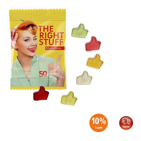 Fruchtgummi vegan Standardformen in Werbetütchen 15g mit Logo