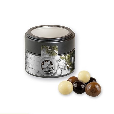 Knusperkugel-Mix 45g in Metalldose Mini mit Sichtfenster schwarz mit Logo