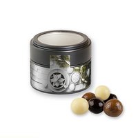 Knusperkugel-Mix 45g in Metalldose Mini mit Sichtfenster schwarz mit Logo