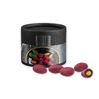 Zartbitter-Himbeer Mandeln 40g Biologisch abbaubare Eco Pappdose Mini schwarz mit Logo