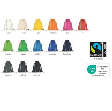 Turnbeutel 38 x 46 cm aus Fairtrade-zertifizierter Baumwolle mit Logo in vielen Farben