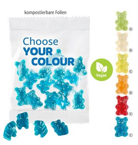 VEGANE 1-farbige Premium-Bärchen im kompostierbaren Werbetütchen 20g mit Logo