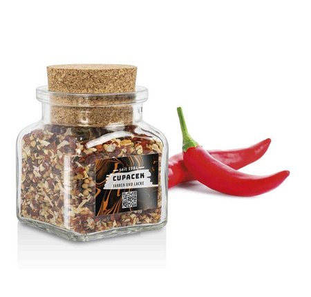 Korkenglas mit Gewürzen & süßes Topping bedruckt mit Logo