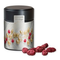 Gebrannte Mandeln Himbeere in Metalldose Midi schwarz 100g mit individuellem Logo