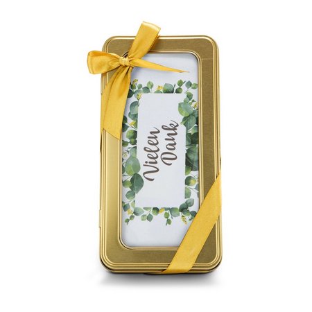 Golddose Vielen Dank mit Pralinen als Werbegeschenk
