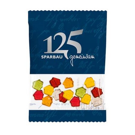 Fruchtgummi-Werbetütchen 100g Haus bedruckt mit Logo