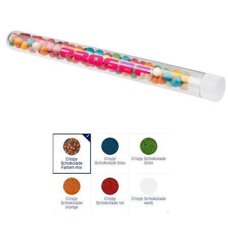 Reagenzgläschen mit farbige Perlen und eigenem Logo