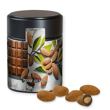 Schokomandeln mit Zimt in Metalldose Midi schwarz 100g mit Logo