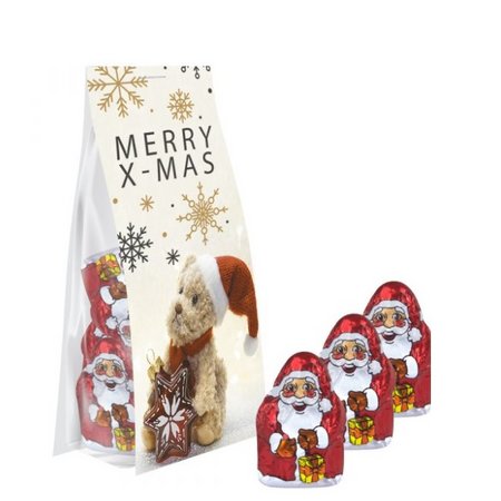 Mini Schoko-Weihnachtsmänner ca. 40g Express Blockbodenbeutel mit Werbereiter mit Logo