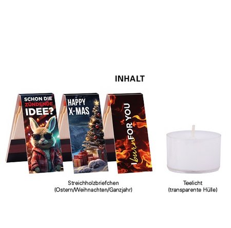 Klappbox S 4 Inhalt Teelichter und 1 Streichholzbriefchen mit Logo