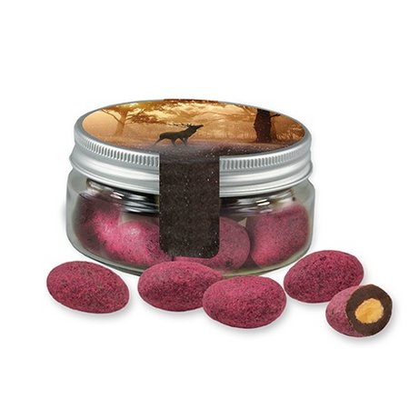 Zartbitter-Himbeer Mandeln 80g in Mini Sweet Dose mit Logo