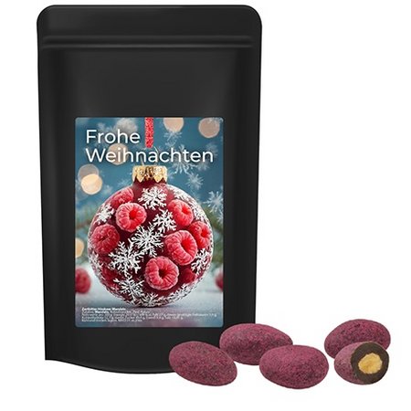 Zartbitter-Himbeer Mandeln 80g in Standbeutel Mini schwarz mit Logo