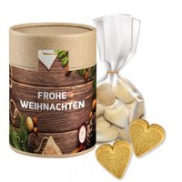 Butter-Herzen, ca. 100g, Beutel in Kraftpapierdose Maxi mit Logo