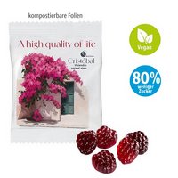 Veganes -80% Zucker Fruchtgummi 20g kompostierbares Tütchen mit Logo