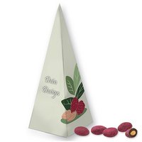 Zartbitter-Himbeer Mandeln 30g in Präsent-Pyramide mit eigenem Logo