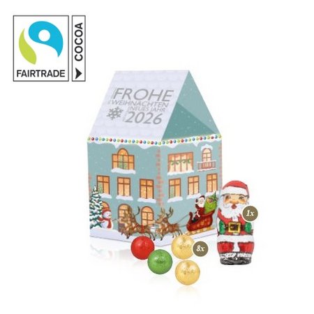 3D Präsent Haus mit Fairtrade Schokolade mit Logo