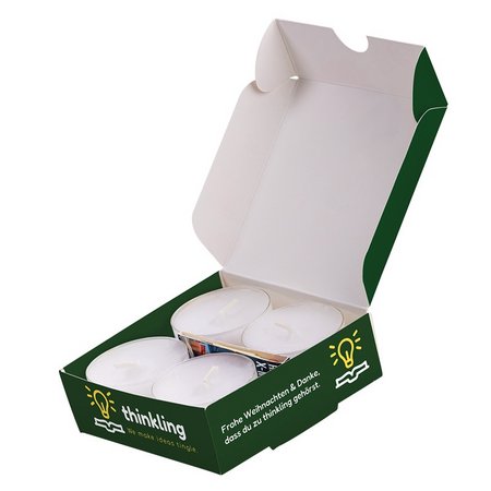 Inhalt Klappbox S, Teelichter Adventskranz mit Logo