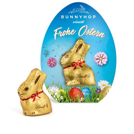 Lindt Mini Goldhase  in Osterei-Werbekartonage bedruckt mit Logo