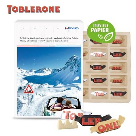 Adventskalender mit Toblerone Inlay aus Papierfaser mit Logo
