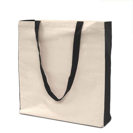 Baumwolltasche PALMA schwarz 38 x 42 cm mit Boden- Seitenfalte und langen Henkeln und Logo