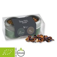 Tee Geschenk-Set mit 2 x Tee in Minidose mit Sichtfenster silber oder schwarz mit Logo