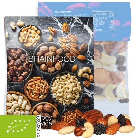 Bio Studentenfutter 15g Express mit Werbereiter bedruckt mit Logo